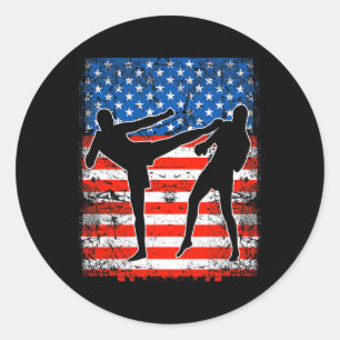 Kickboxing Fighters On American Flag Patriotic Classic Round Sticker