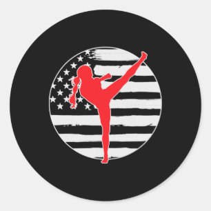 Kickboxing Girl Usa Flag 4th Of July Classic Round Sticker