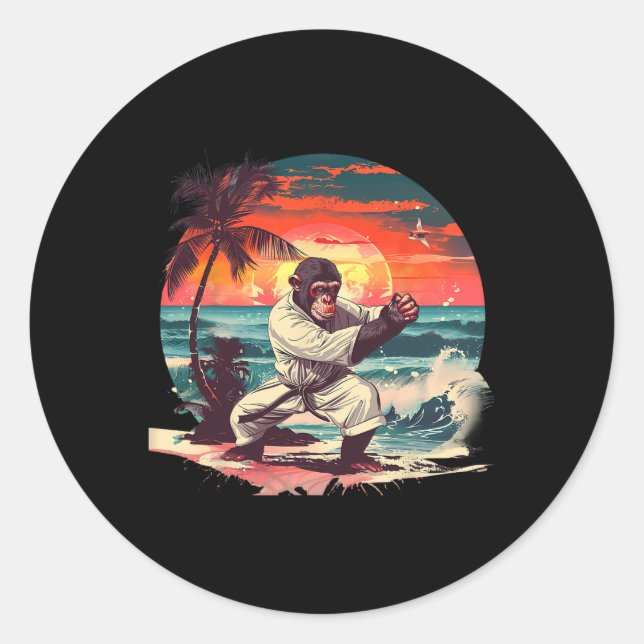 Kickboxing Monkey Tropical Sunset Taekwondo Monkey Classic Round Sticker (Front)