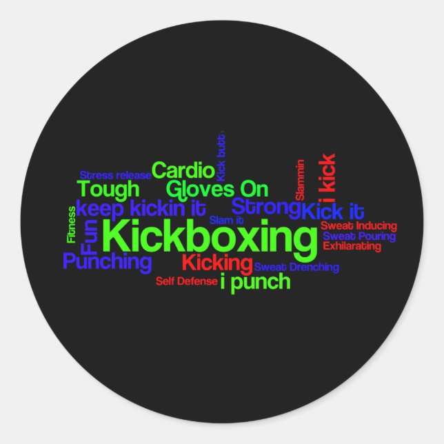 Kickboxing Word Cloud Bright on Black Classic Round Sticker (Front)