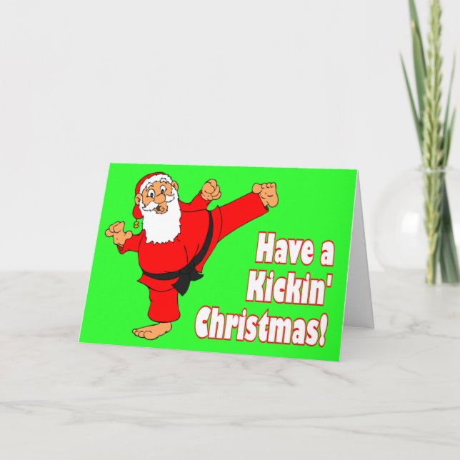 Kickin Santa Black Belt Christmas Cards (Front)
