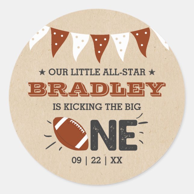 Kicking The Big One | Football 1st Birthday Classic Round Sticker (Front)