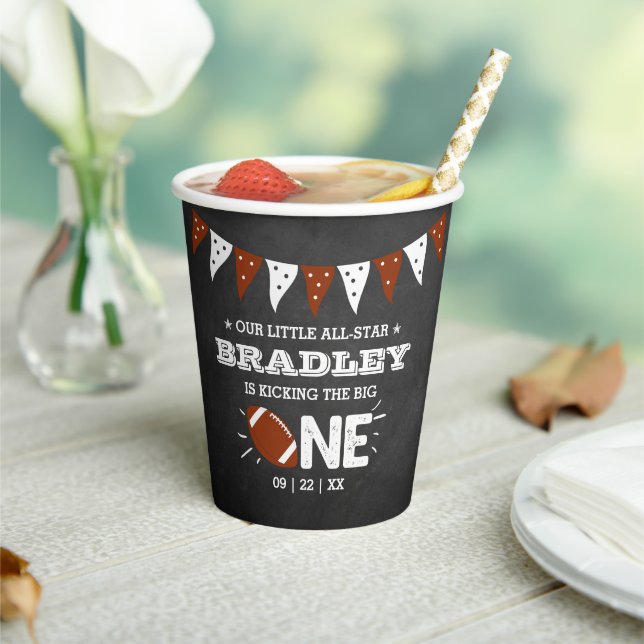 Kicking The Big One | Football 1st Birthday Paper Cups (Insitu)
