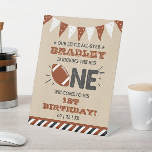 Kicking The Big One   Football 1st Birthday Pedestal Sign