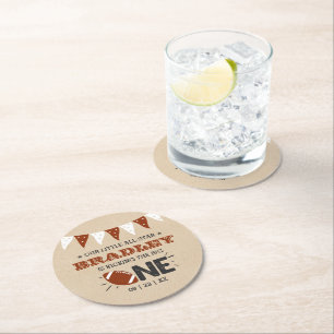 Kicking The Big One Football 1st Birthday Round Paper Coaster