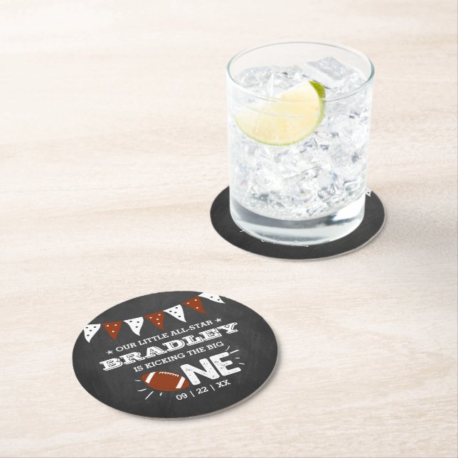 Kicking The Big One | Football 1st Birthday Round Paper Coaster (Insitu)