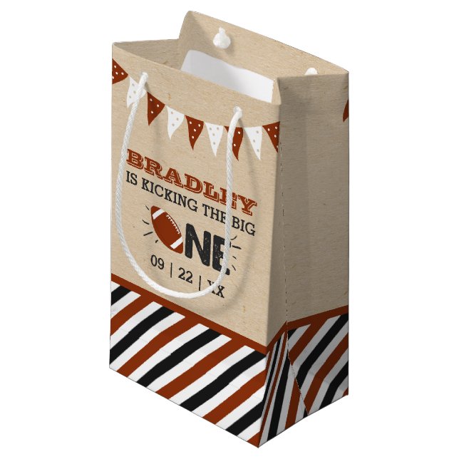 Kicking The Big One | Football 1st Birthday Small Gift Bag (Front Angled)