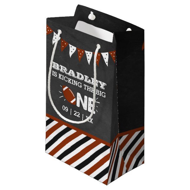 Kicking The Big One | Football 1st Birthday Small Gift Bag (Front Angled)