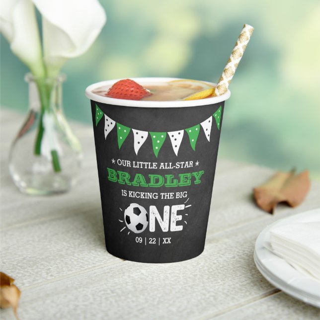 Kicking The Big One | Soccer 1st Birthday Paper Cups (Insitu)