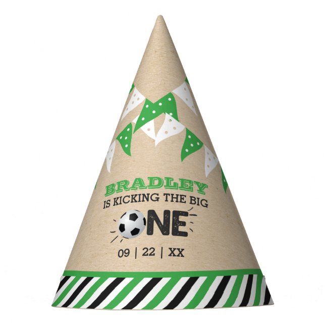 Kicking The Big One | Soccer 1st Birthday Party Hat (Front)
