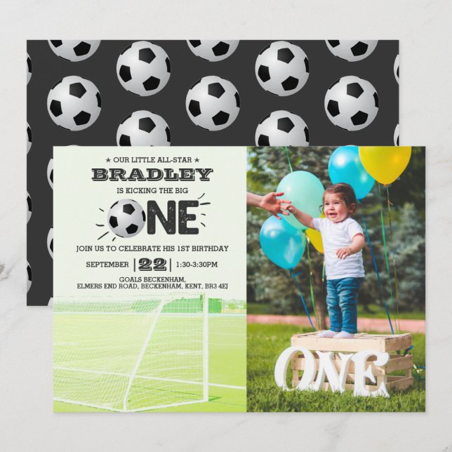 Kicking The Big One | Soccer 1st Birthday Photo Invitation (Front/Back)