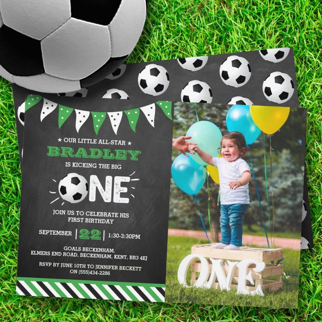 Kicking The Big One | Soccer 1st Birthday Photo Invitation (Creator Uploaded)