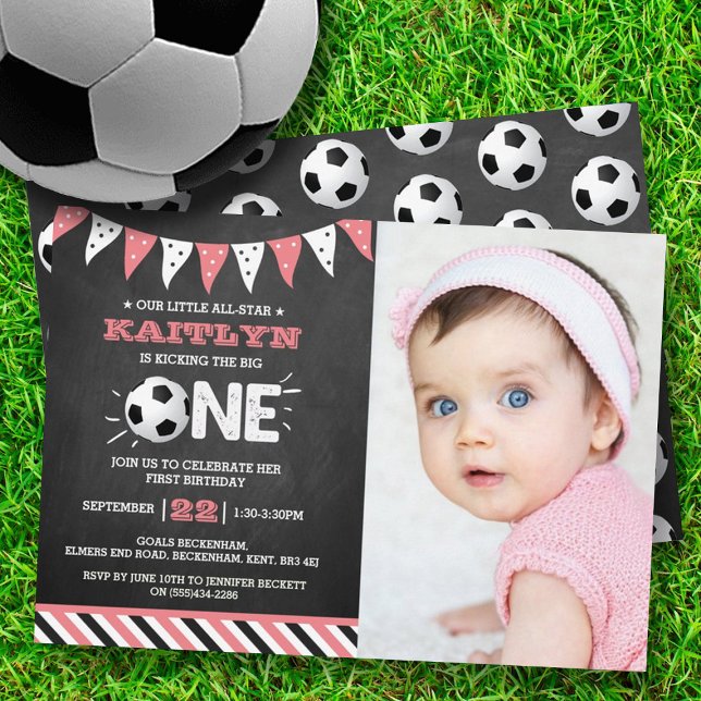 Kicking The Big One | Soccer 1st Birthday Photo Invitation (Creator Uploaded)