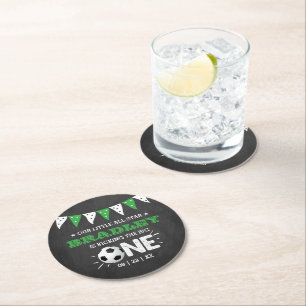 Kicking The Big One   Soccer 1st Birthday Round Paper Coaster