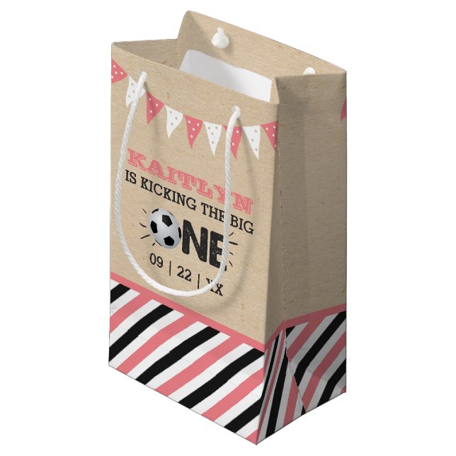Kicking The Big One | Soccer 1st Birthday Small Gift Bag (Front Angled)