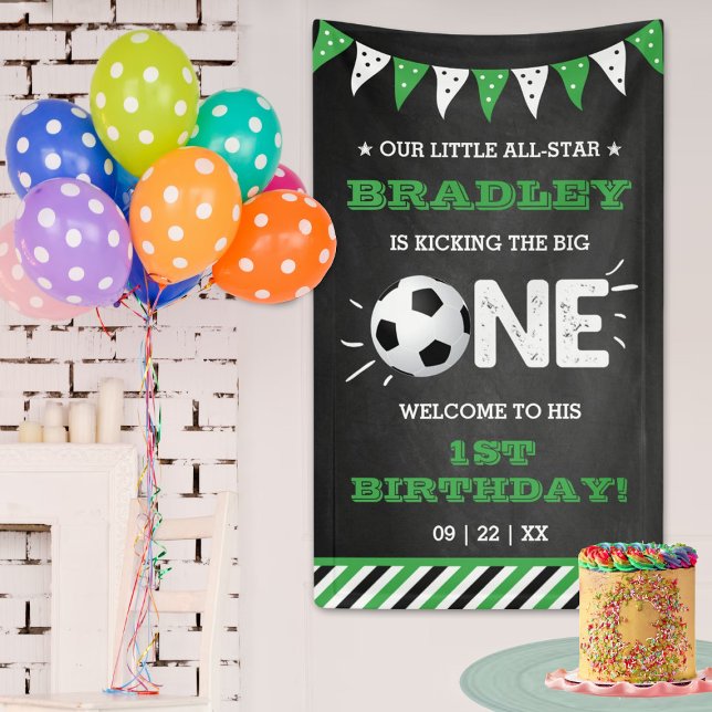Kicking The Big One | Soccer 1st Birthday Welcome Banner (Creator Uploaded)