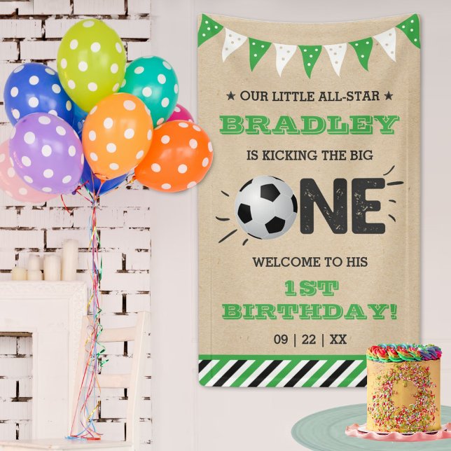 Kicking The Big One | Soccer 1st Birthday Welcome Banner (Creator Uploaded)