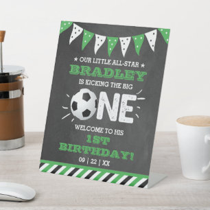 Kicking The Big One   Soccer 1st Birthday Welcome Pedestal Sign