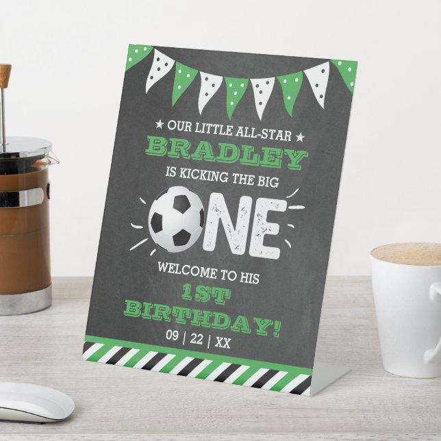 Kicking The Big One | Soccer 1st Birthday Welcome Pedestal Sign (In SItu)