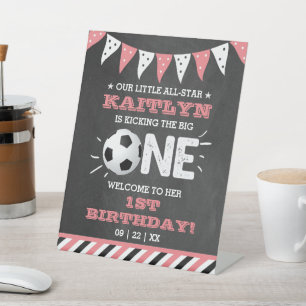 Kicking The Big One   Soccer 1st Birthday Welcome Pedestal Sign