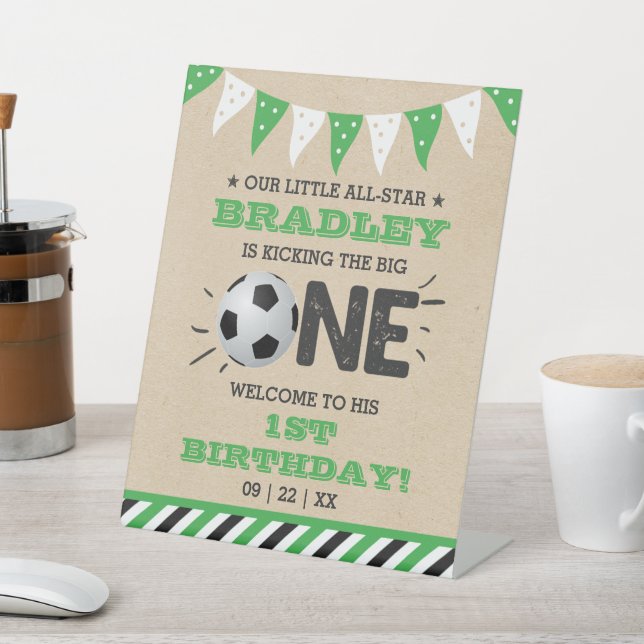Kicking The Big One | Soccer 1st Birthday Welcome Pedestal Sign (In SItu)