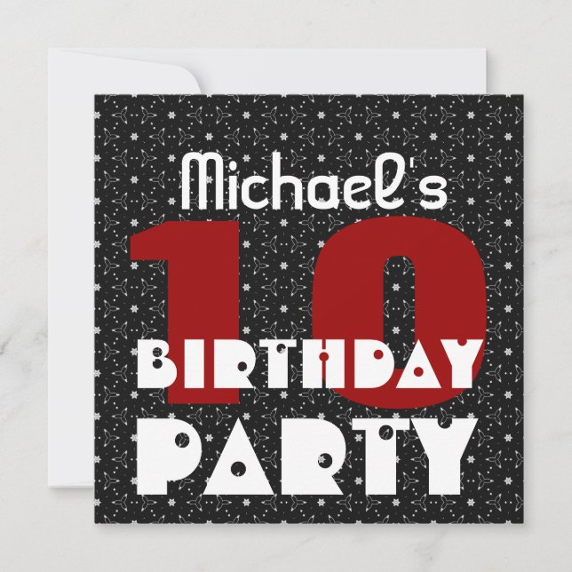 Kid 10th Birthday Custom Name Black White Red V11 Invitation (Front)
