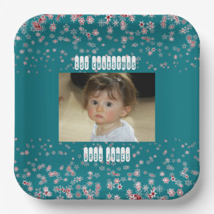Kid 1st Christmas Blue Star Snowflake Custom Photo Paper Plate