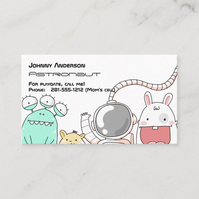 Kid Astronaut Business Card For Boy Playdate (Front)