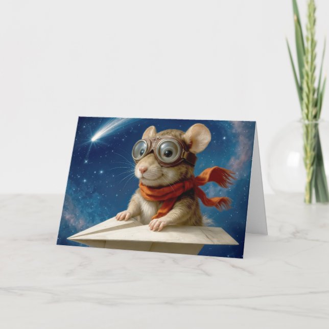 Kid Birthday Mouse Flying In a Paper Aeroplane Card (Front)