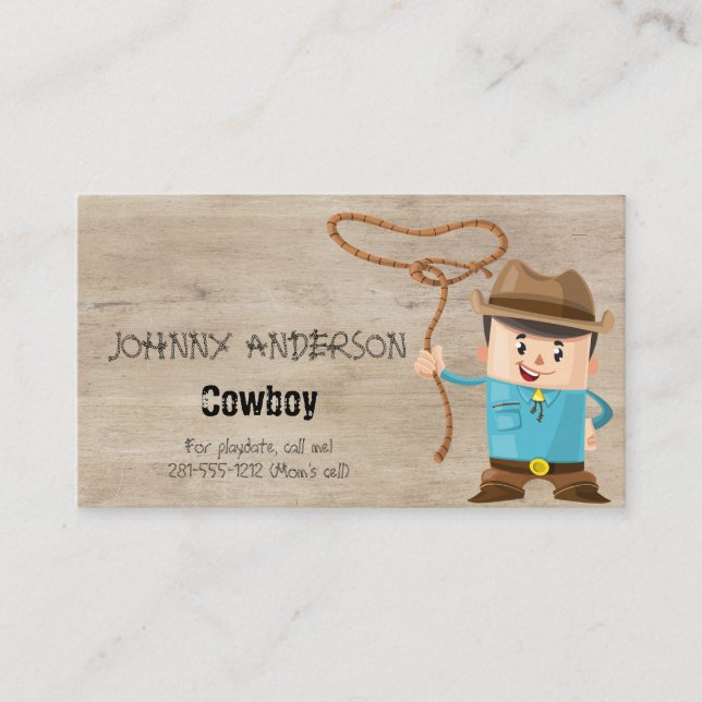 Kid Cowboy Business Card For Boy Playdate (Front)