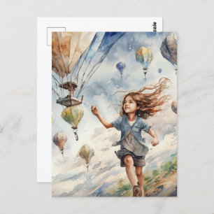 kid flying kites postcard