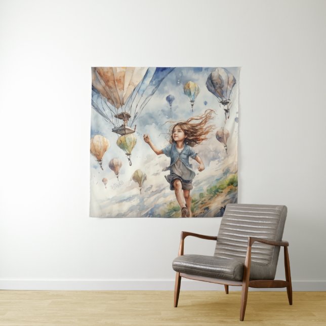 kid flying kites tapestry (In Situ)