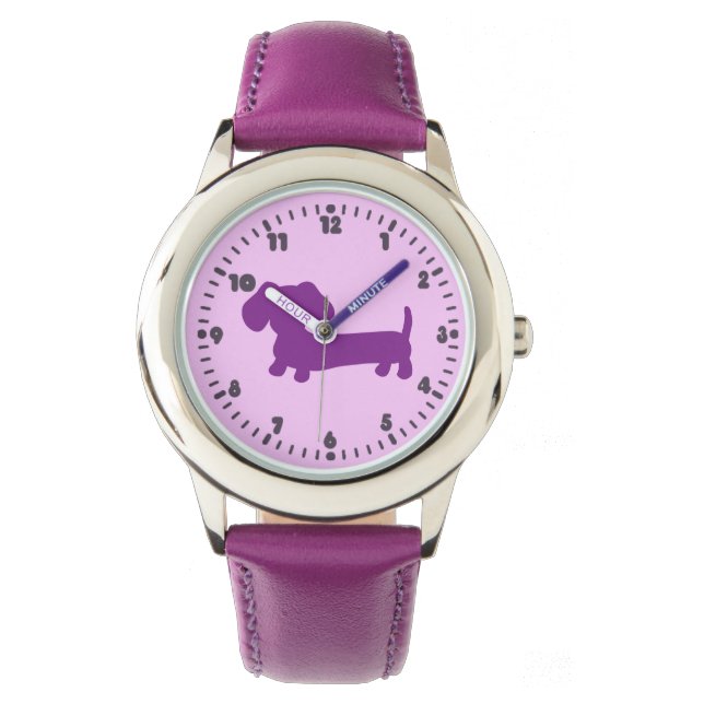Kid Girls Purple Dachshund Learning Time Watch (Front)