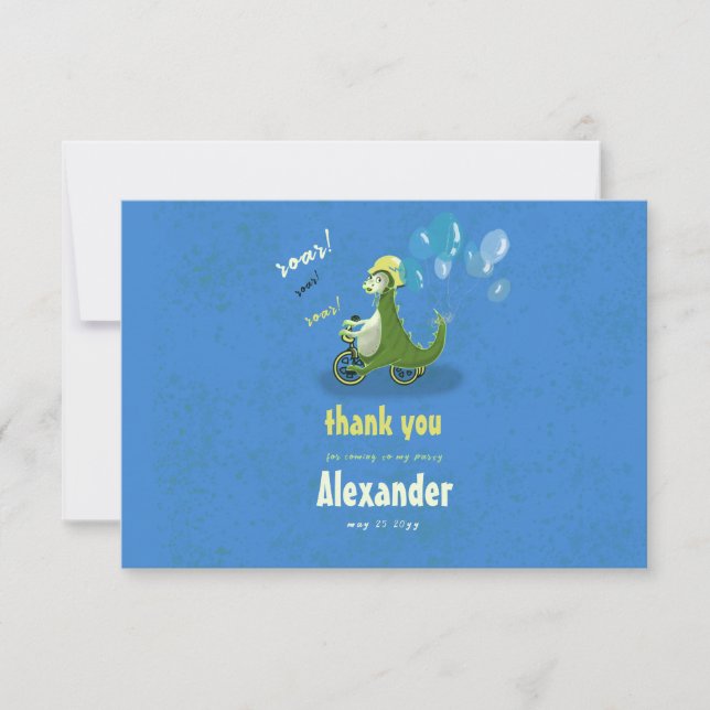 Kid Green Dinosaur on Trike Boy Party Thank You Card (Front)