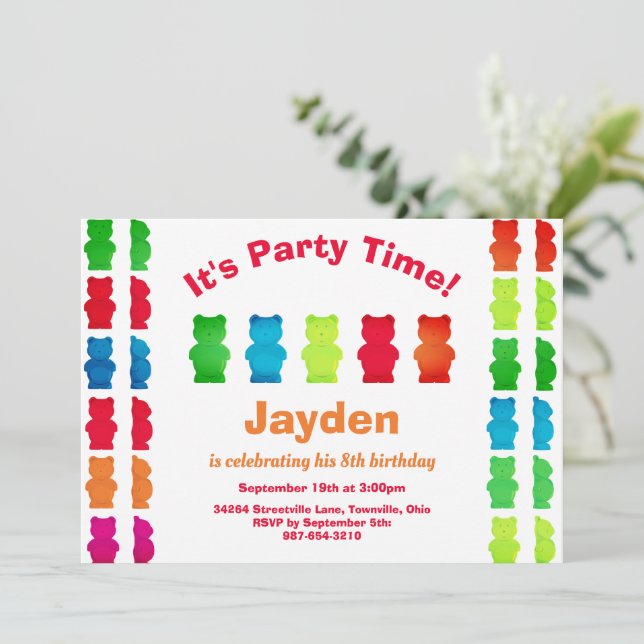 Kid Gummy Bear Candy Birthday Invitation (Standing Front)
