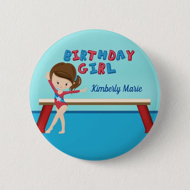 Kid Gymnastics Blue Monogram Birthday Girl Party 6 Cm Round Badge (Front)
