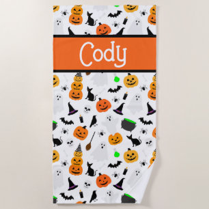 Kid Halloween Ghost Pumpkin Black Cat Personalise Beach Towel