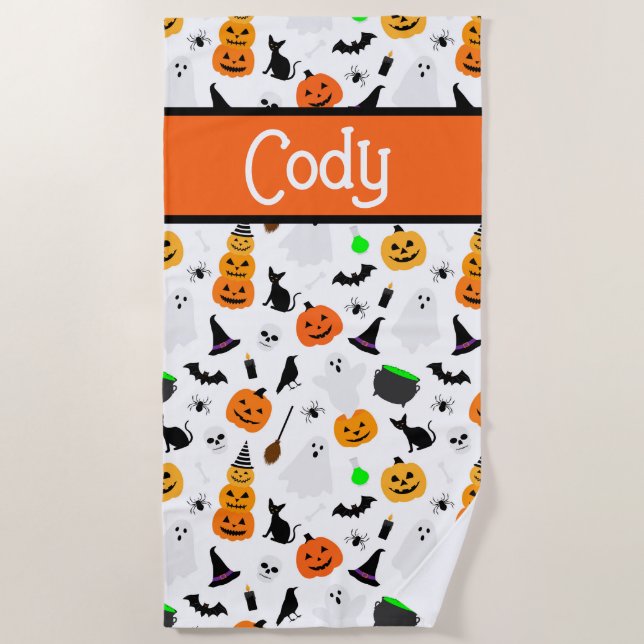 Kid Halloween Ghost Pumpkin Black Cat Personalise  Beach Towel (Front)
