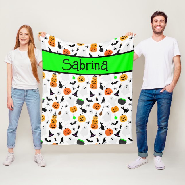 Kid Halloween Ghost Pumpkin Black Cat Personalise  Fleece Blanket (In Situ)