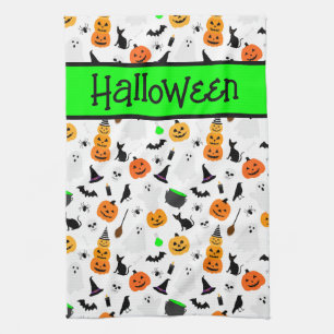 Kid Halloween Ghost Pumpkin Black Cat Personalise  Tea Towel