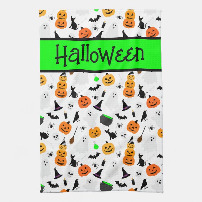 Kid Halloween Ghost Pumpkin Black Cat Personalise  Tea Towel (Vertical)