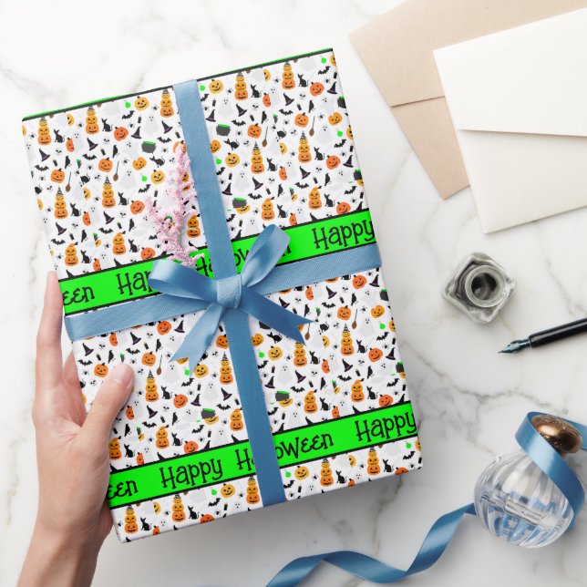 Kid Halloween Ghost Pumpkin Black Cat Personalise  Wrapping Paper (Gifting)
