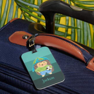 Kid Hedgehog Soccer Player Turquoise Stripes Luggage Tag
