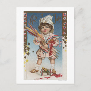 Kid Holding Fireworks and Rockets Postcard