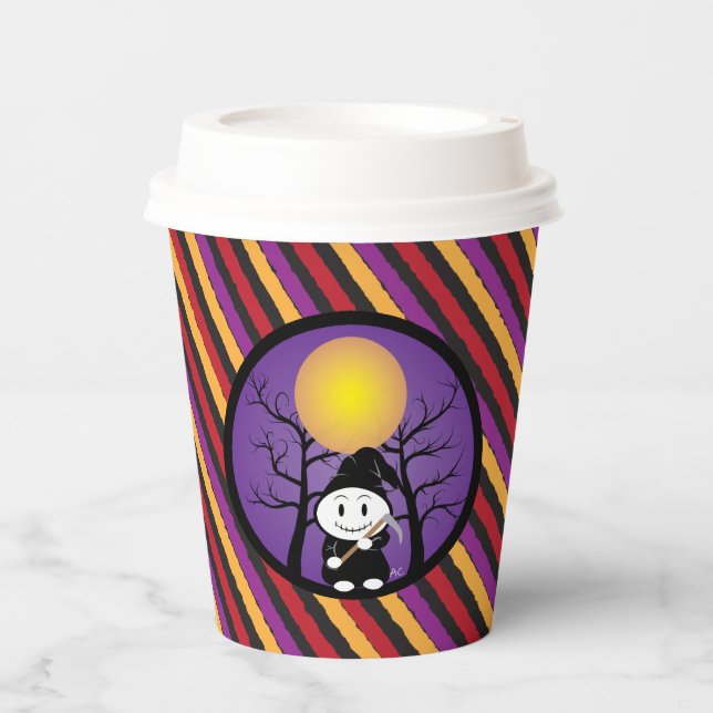 Kid in Grim costume Halloween striped paper cup (Front)