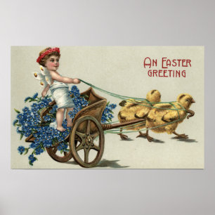 Kid in Toga on Chariot Pulled by Chicks Poster