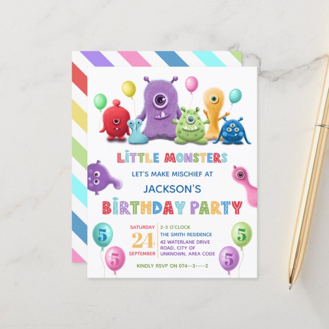 Kid Little Monster Birthday Party Invitation (Front/Back In Situ)