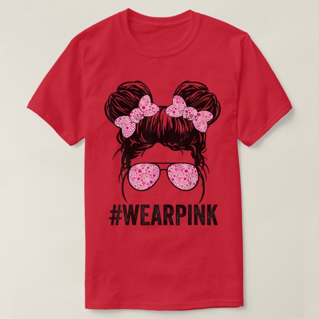 Kid Messy bun glasses wear pink cute breast cancer T-Shirt (Design Front)