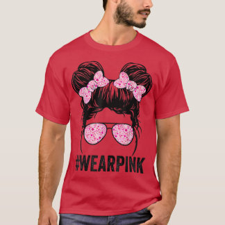 Kid Messy bun glasses wear pink cute breast cancer T-Shirt