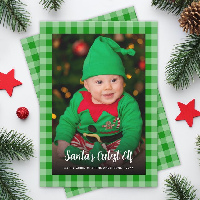 Kid Photo Green Plaid Santa's Cutest Elf Christmas Holiday Card (Creator Uploaded)
